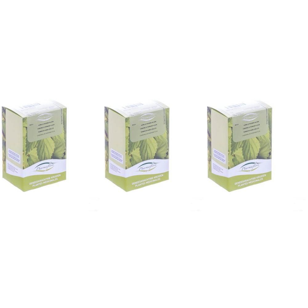 Trois paquets de Pharmaflore Fleur de Camomille Romaine.