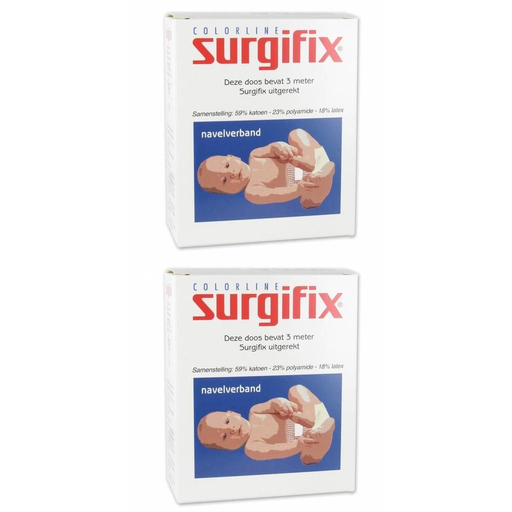 Deux boîtes de Surgifix Navelband pour bébés. Chaque boîte montre un bébé et contient 5 mètres de bande.