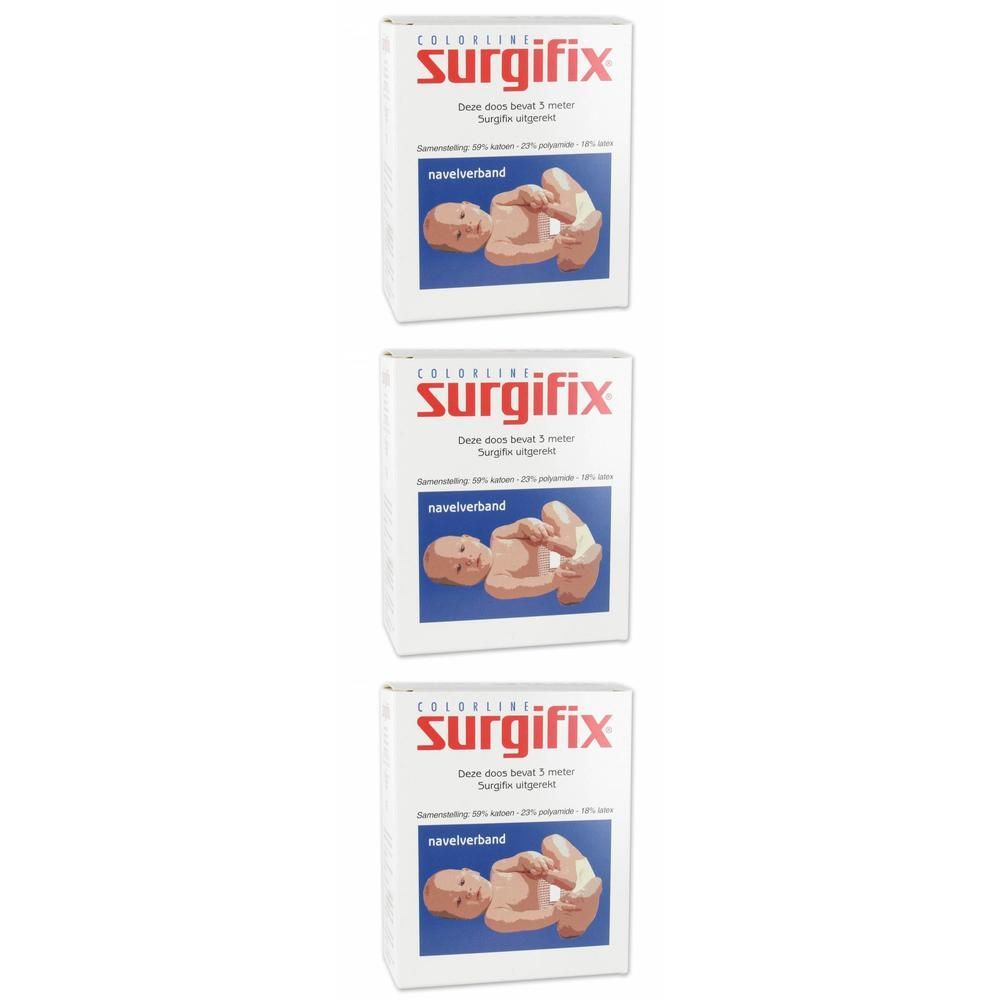 Trois paquets de Surgifix pour cordon ombilical de bébé. Boîtes blanches avec texte rouge et image d'un bébé.