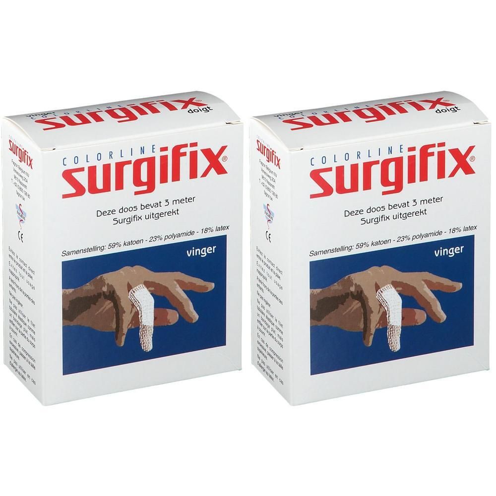 Deux boîtes de Surgifix Colorline pour pansement de doigt. Montre un pansement sur un doigt.