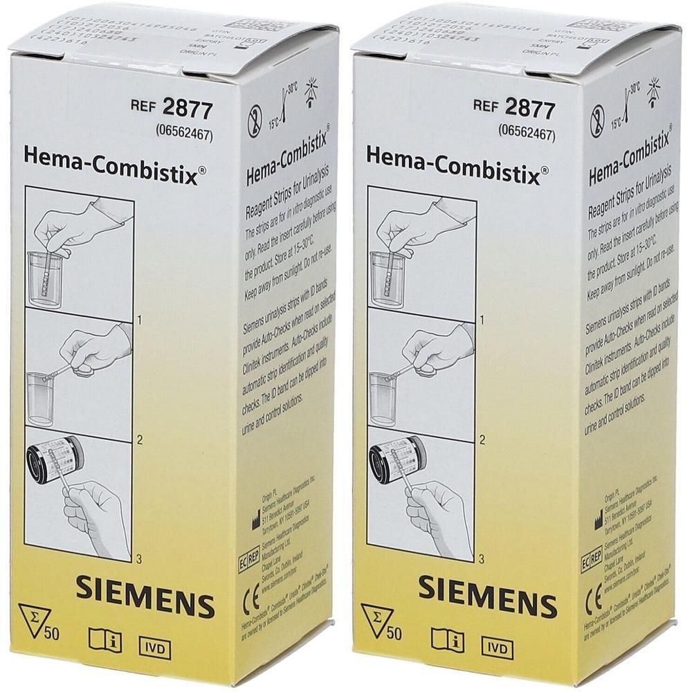 Twee pakken Siemens Hema-Combistix Reagent Strips voor urineanalyse. Pakken tonen gebruiksinstructies.