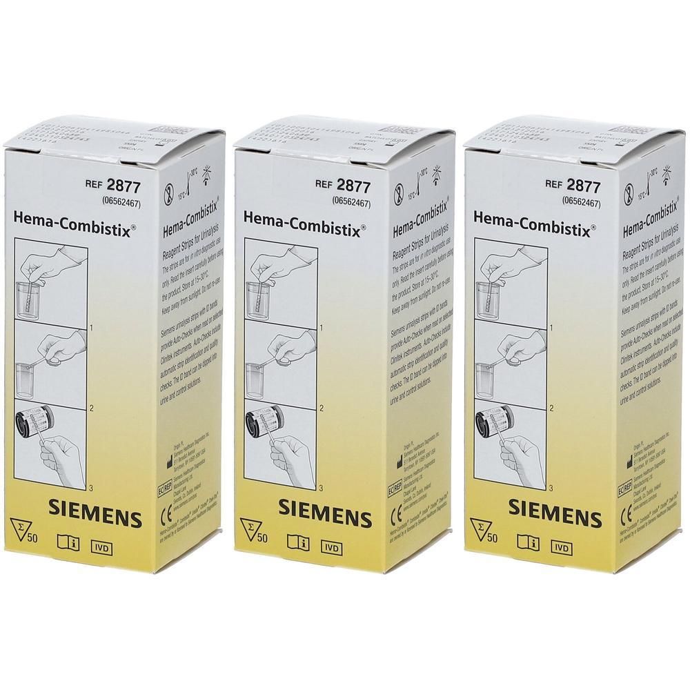 Trois boîtes de Hema-Combistix de Siemens. Emballage cartonné avec instructions d'utilisation.