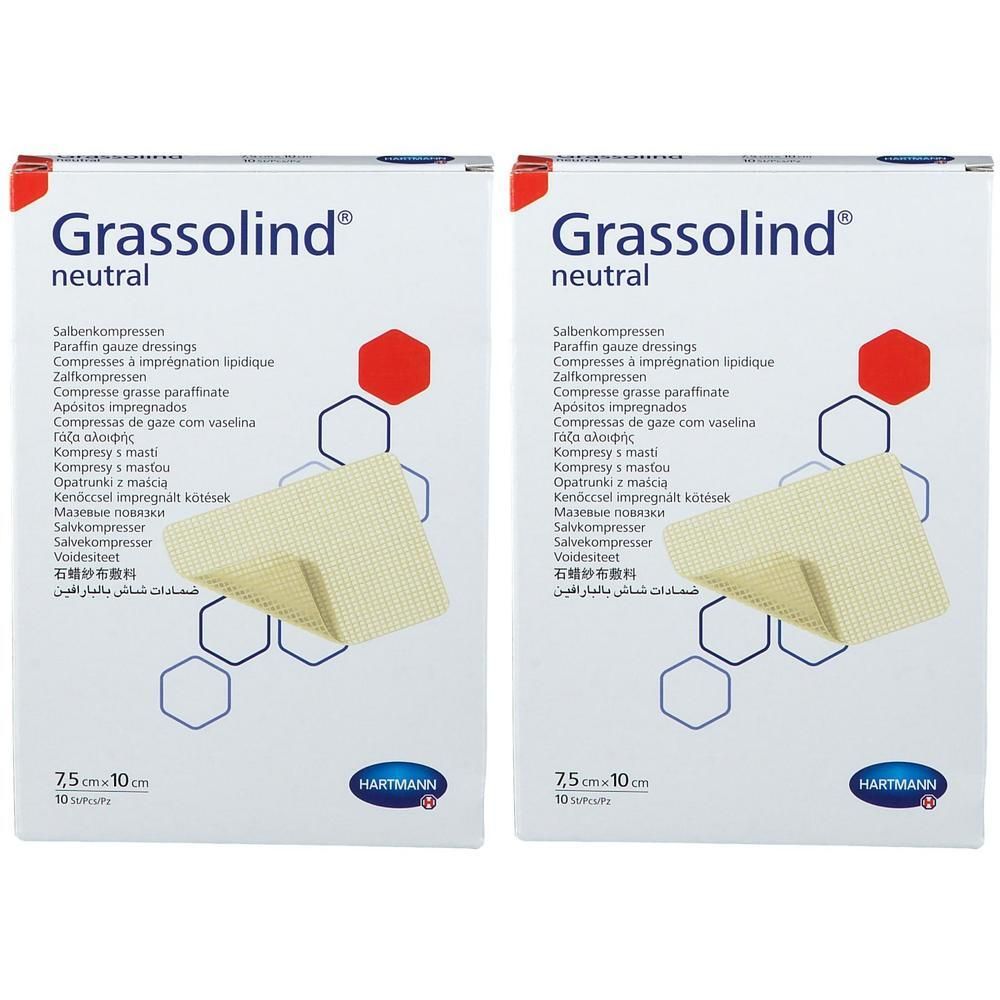 Deux paquets de pansements Hartmann Grassolind Neutral, 7,5 x 10 cm.