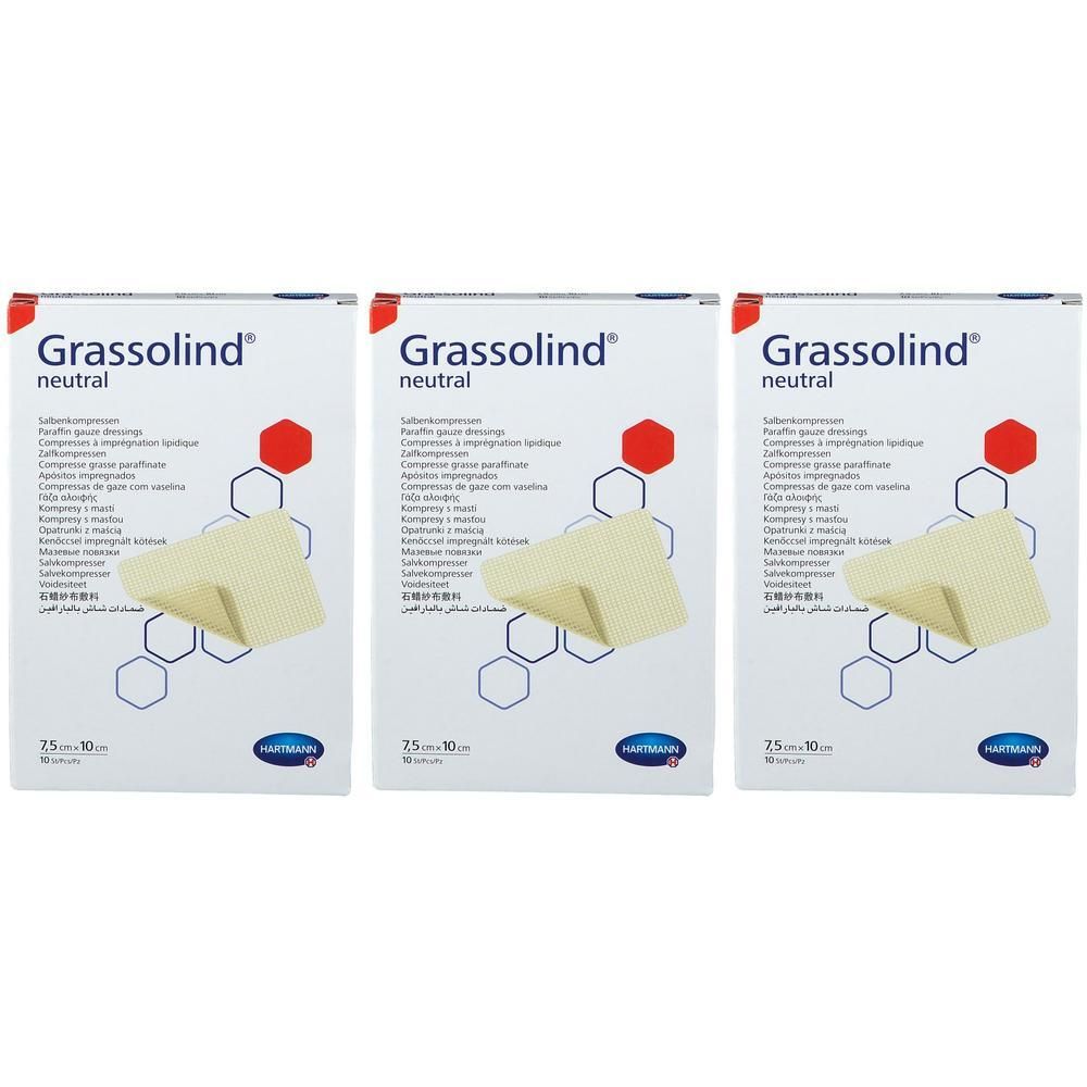 Drie pakken Hartmann Grassolind Neutral wondkompressen, 7,5 x 7,5 cm.