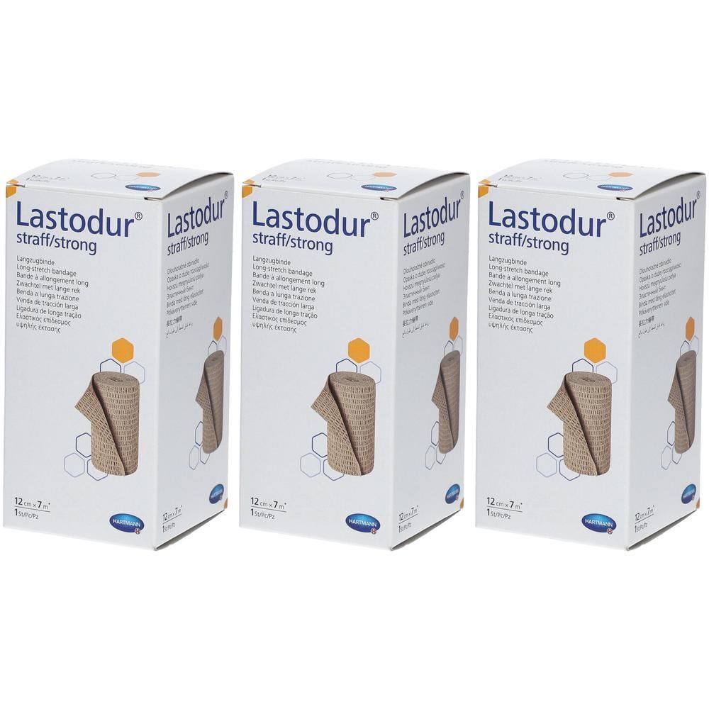 Trois paquets de bandages extensibles Hartmann Lastodur straff/strong. Bandages beiges avec motif hexagone sur l'emballage.