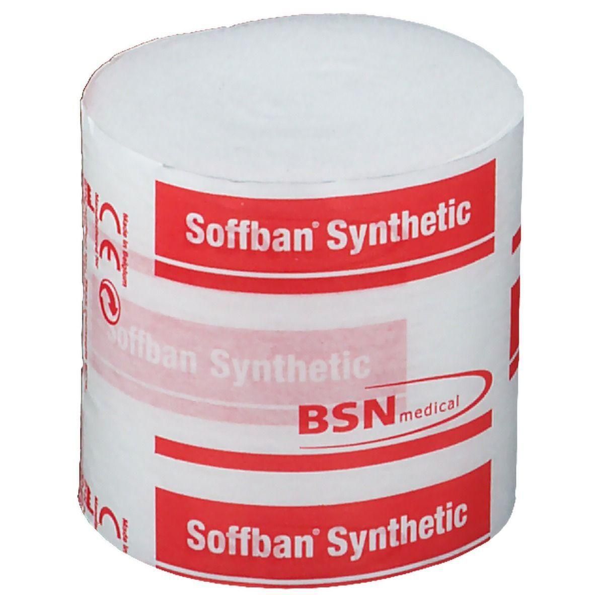 Rouleau de matériau synthétique blanc avec des bandes rouges indiquant "Soffban Synthetic" et "BSN medical".