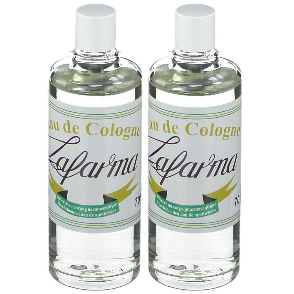Twee flessen Lafarma Eau de Cologne met witte dop en etiket.