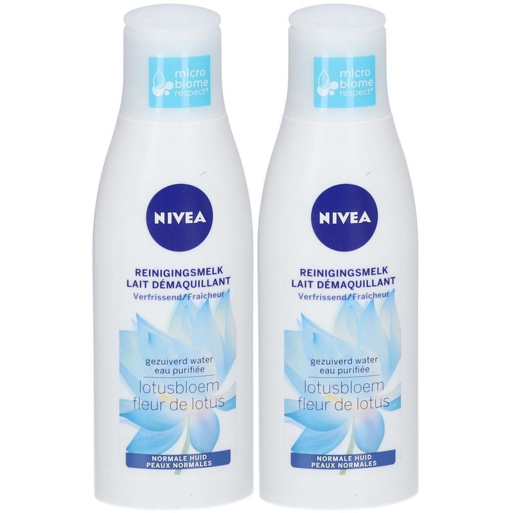 Deux bouteilles de Lait Démaquillant Nivea, motif fleur de lotus, pour peaux normales.