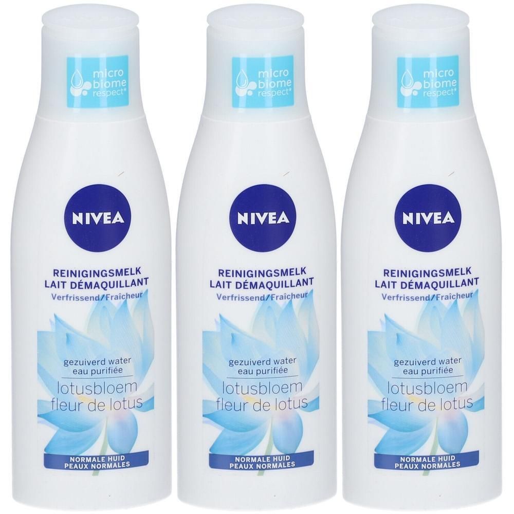 Trois bouteilles de Lait Démaquillant Nivea avec motif fleur de lotus.