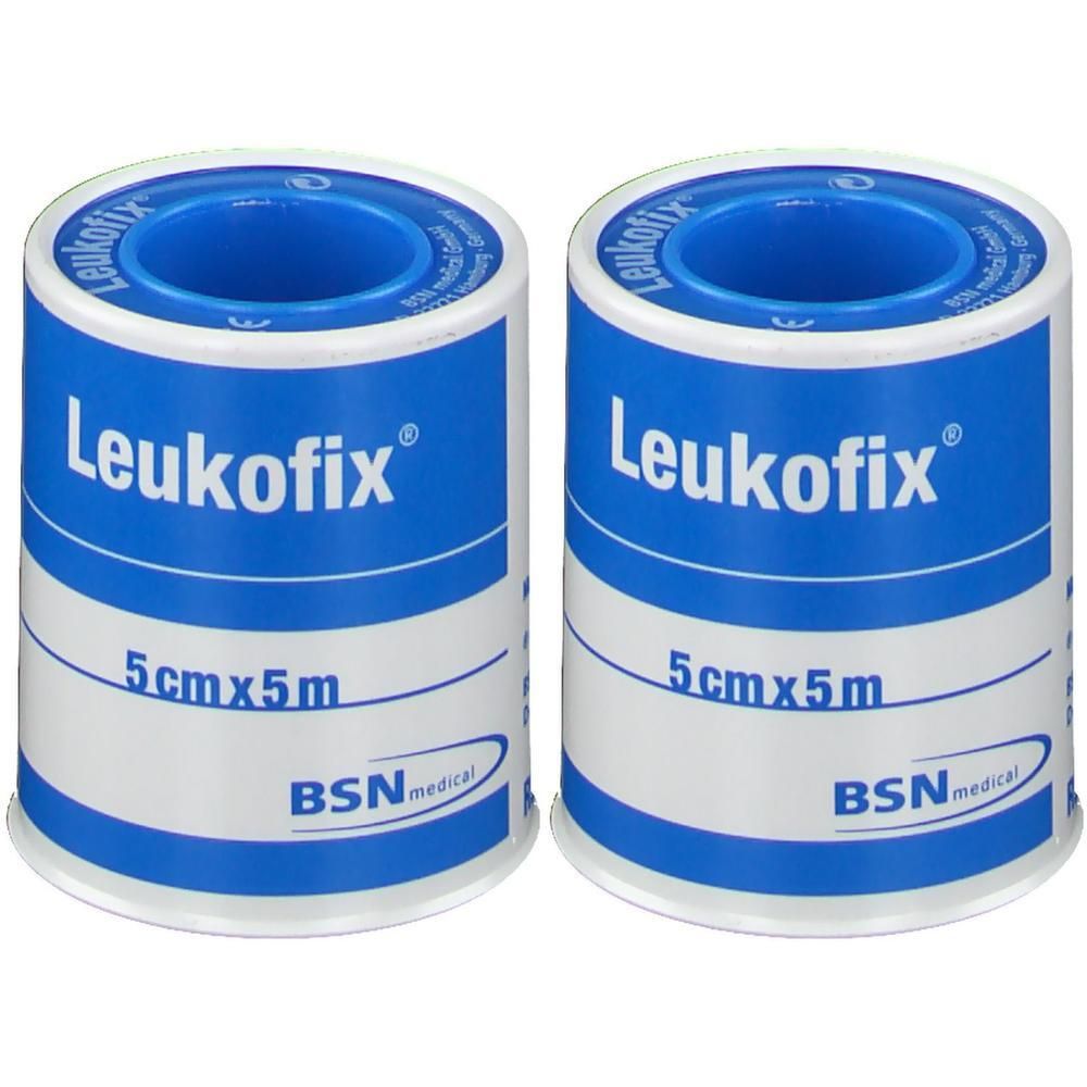 Deux rouleaux de sparadrap Leukofix, 5cm x 5m, BSN medical.