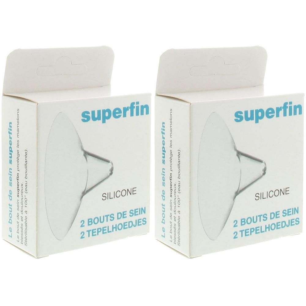 Deux bouts de sein en silicone transparent dans un emballage blanc.
