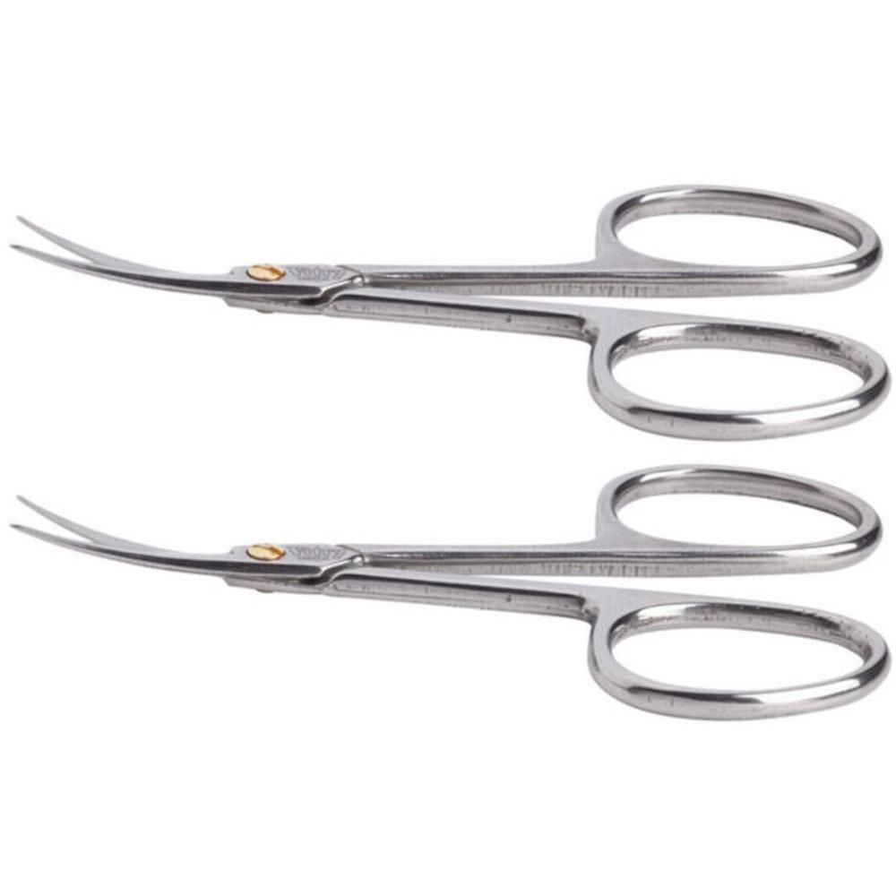 Deux ciseaux courbes en inox pour les soins de la peau.