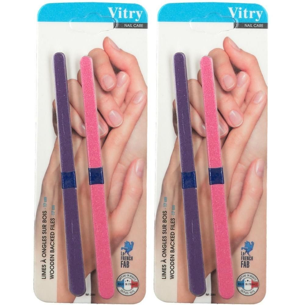 Deux limes à ongles en bois, violette et rose, sous blister Vitry.