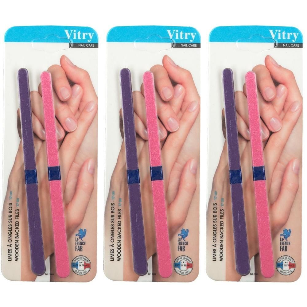 Vitry houten nagelvijlen, 2-pack: één paars, één roze. Voor nagelverzorging.