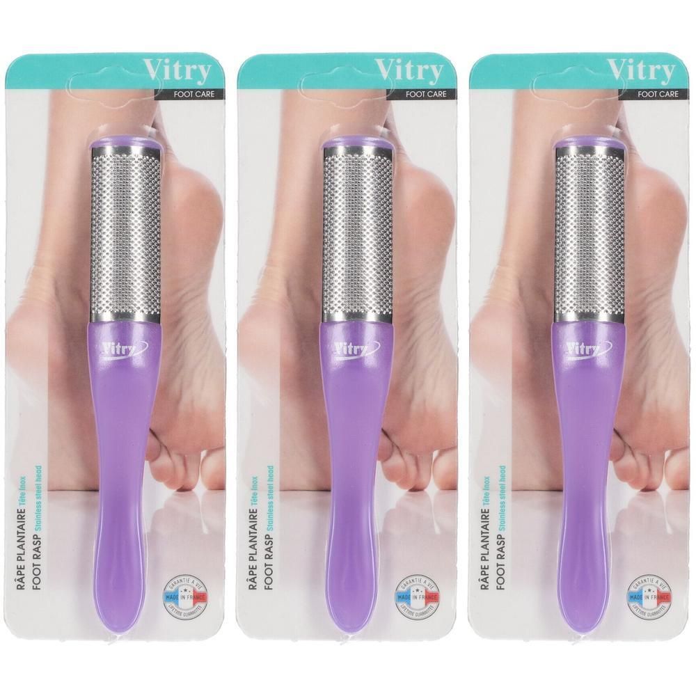 Râpe plantaire Vitry avec manche violet et surface métallique. Pour le soin des pieds.