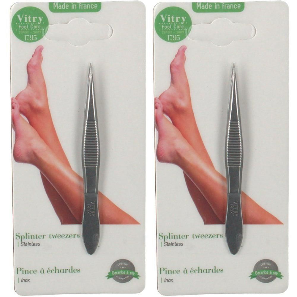 Deux pinces à échardes en acier inoxydable Vitry sous blister.
