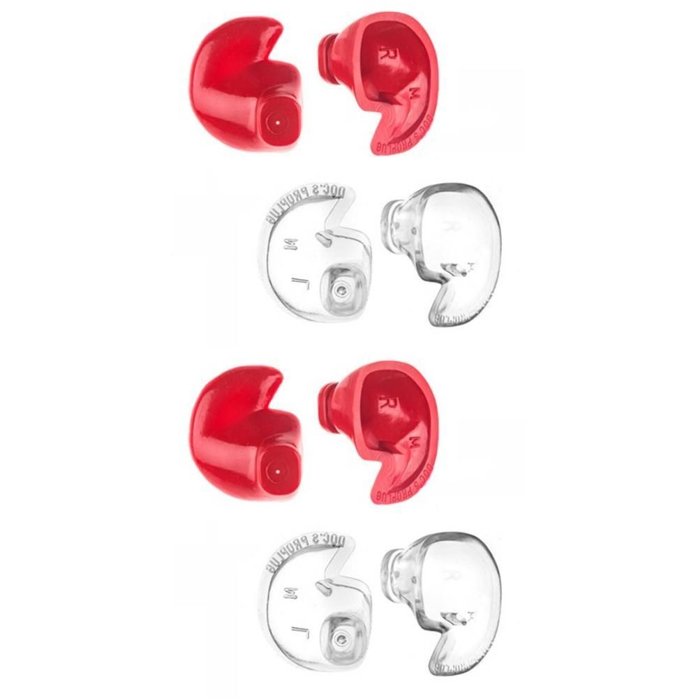 Deux bouchons d'oreille rouges et deux transparents, gauche et droite.