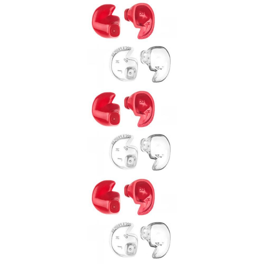 Six paires de bouchons d'oreilles : trois rouges et trois transparents.
