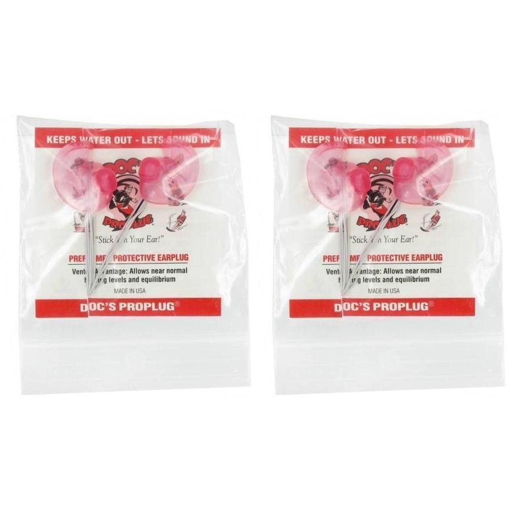 Twee paar roze Doc's Proplug oordopjes in individuele verpakkingen. "Keeps Water Out - Lets Sound In".