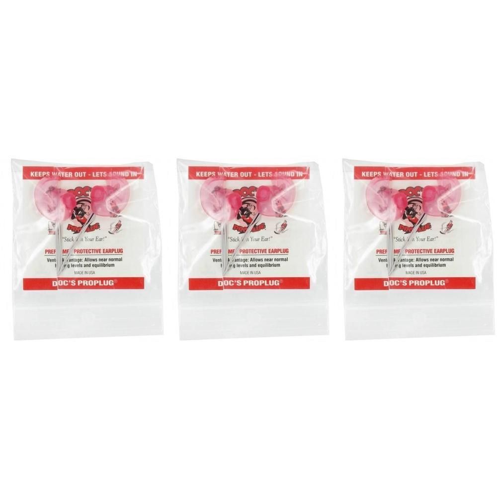 Trois paires de bouchons d'oreilles roses dans des sachets individuels. Chaque paire a une tige et une inscription rouge.