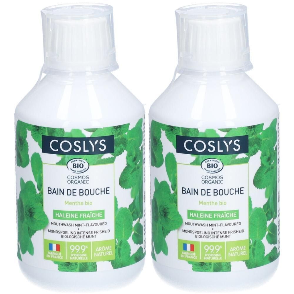 Deux flacons de bain de bouche Coslys Bio Fraîcheur Intégrale, saveur menthe.