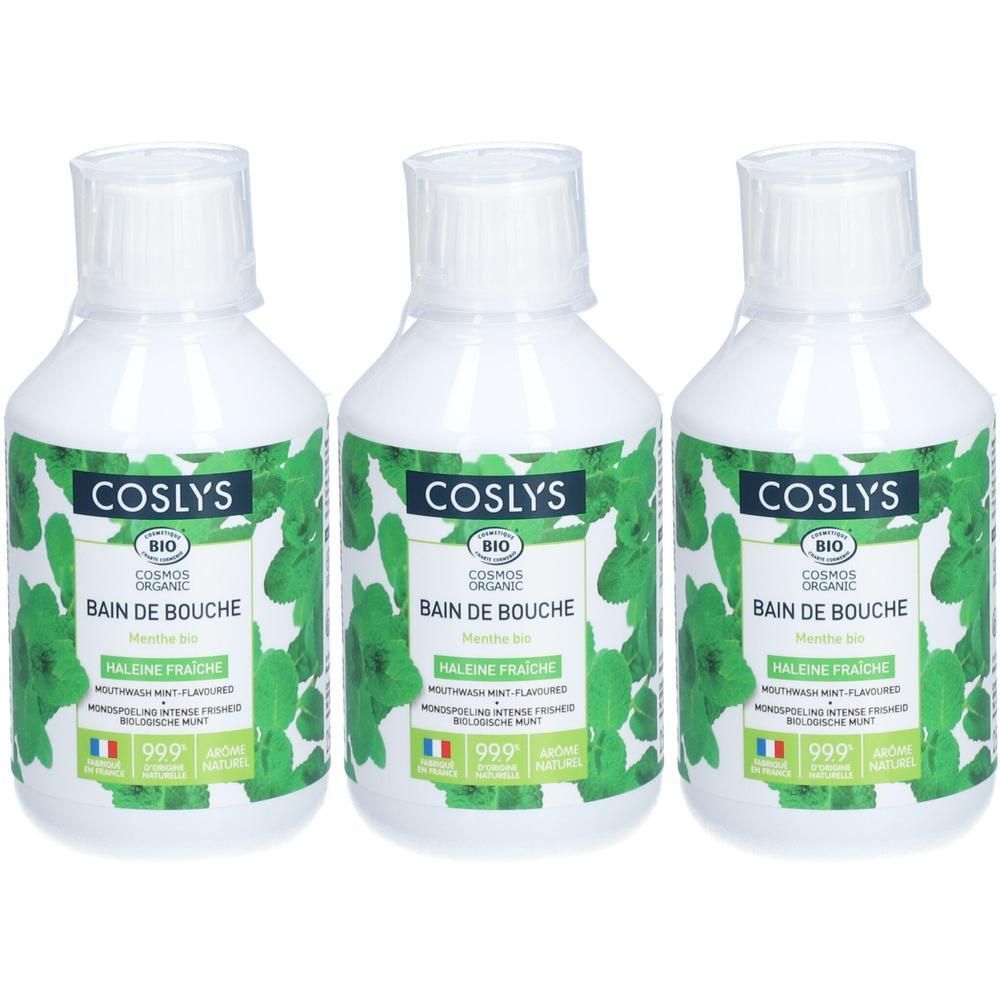 Trois flacons de bain de bouche Coslys Bio menthe, chacun avec son étiquette.