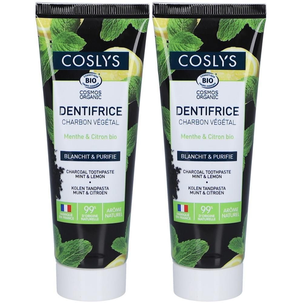 Twee tubes Coslys Tandpasta Houtskool Munt & Citroen. BIO COSMOS ORGANIC gecertificeerd.