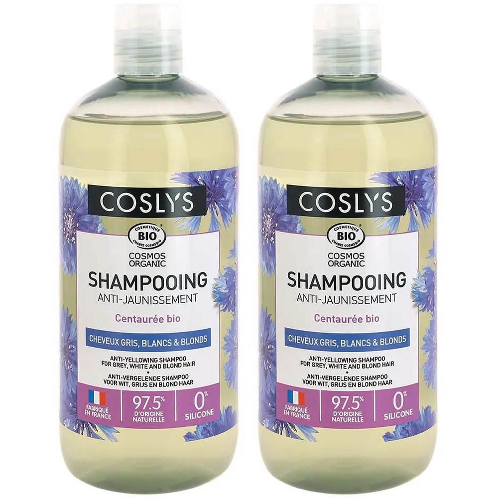 Deux flacons de shampoing COSLYS anti-jaunissement pour cheveux gris, blancs et blonds. Certifié bio.
