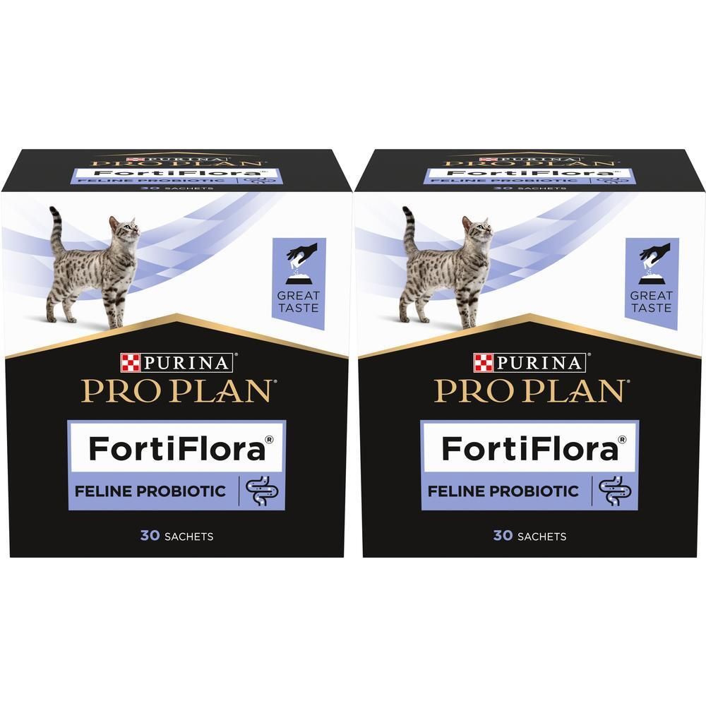Twee dozen Purina Pro Plan FortiFlora probiotica voor katten, elk 30 zakjes.