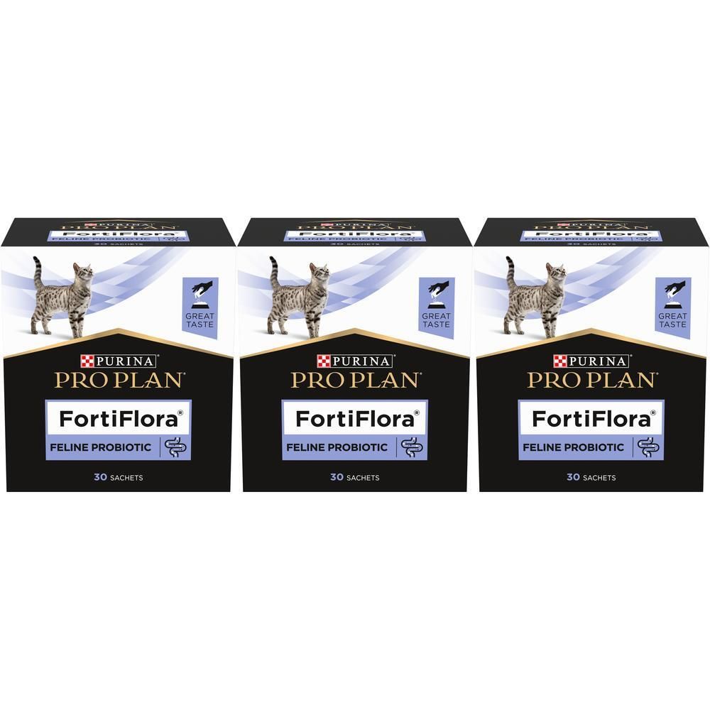 Drie verpakkingen Purina Pro Plan FortiFlora voor katten.