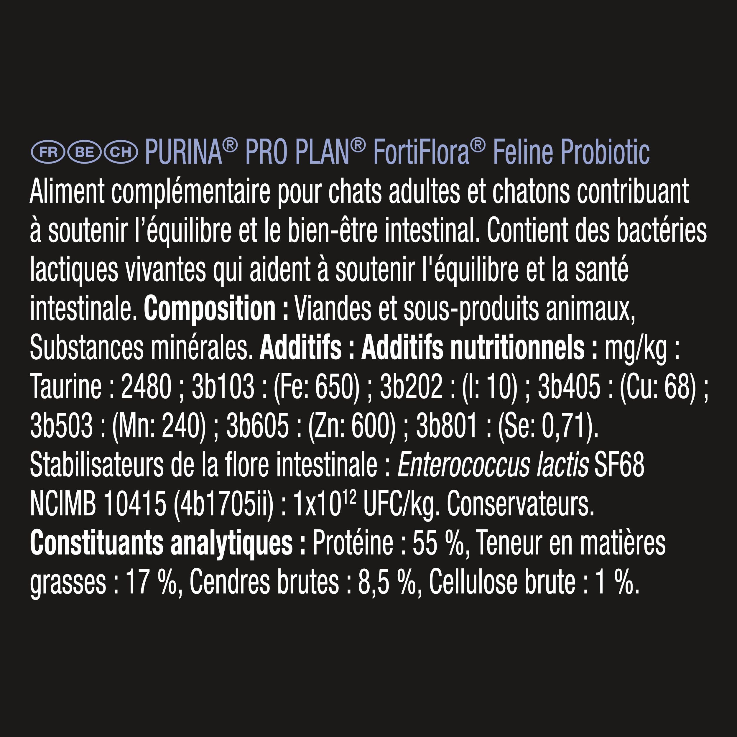 Arrière d'une boîte de Purina Pro Plan FortiFlora pour chats.
