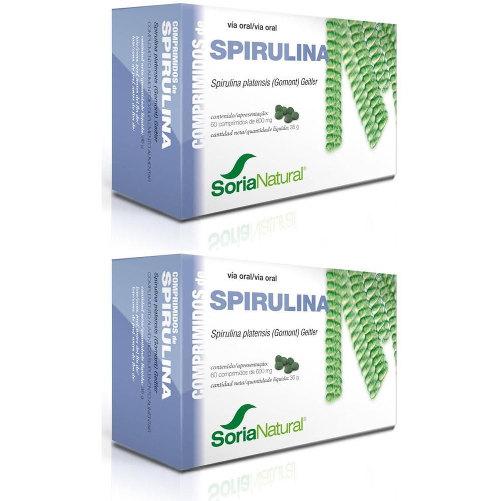 Deux boîtes de comprimés de Spiruline Soria Natural. Chaque boîte contient 60 comprimés.