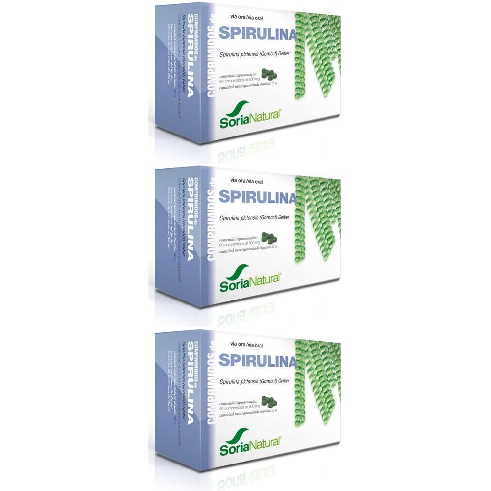 Trois boîtes de comprimés de Spiruline Soria Natural, bleues et blanches.