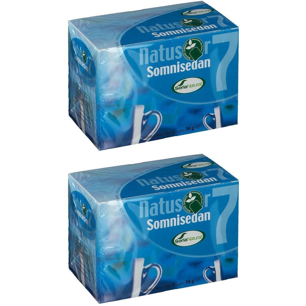 Twee pakken Natusor 7 Somnisedan thee. Blauwe verpakking met mokafbeelding en merknaam.