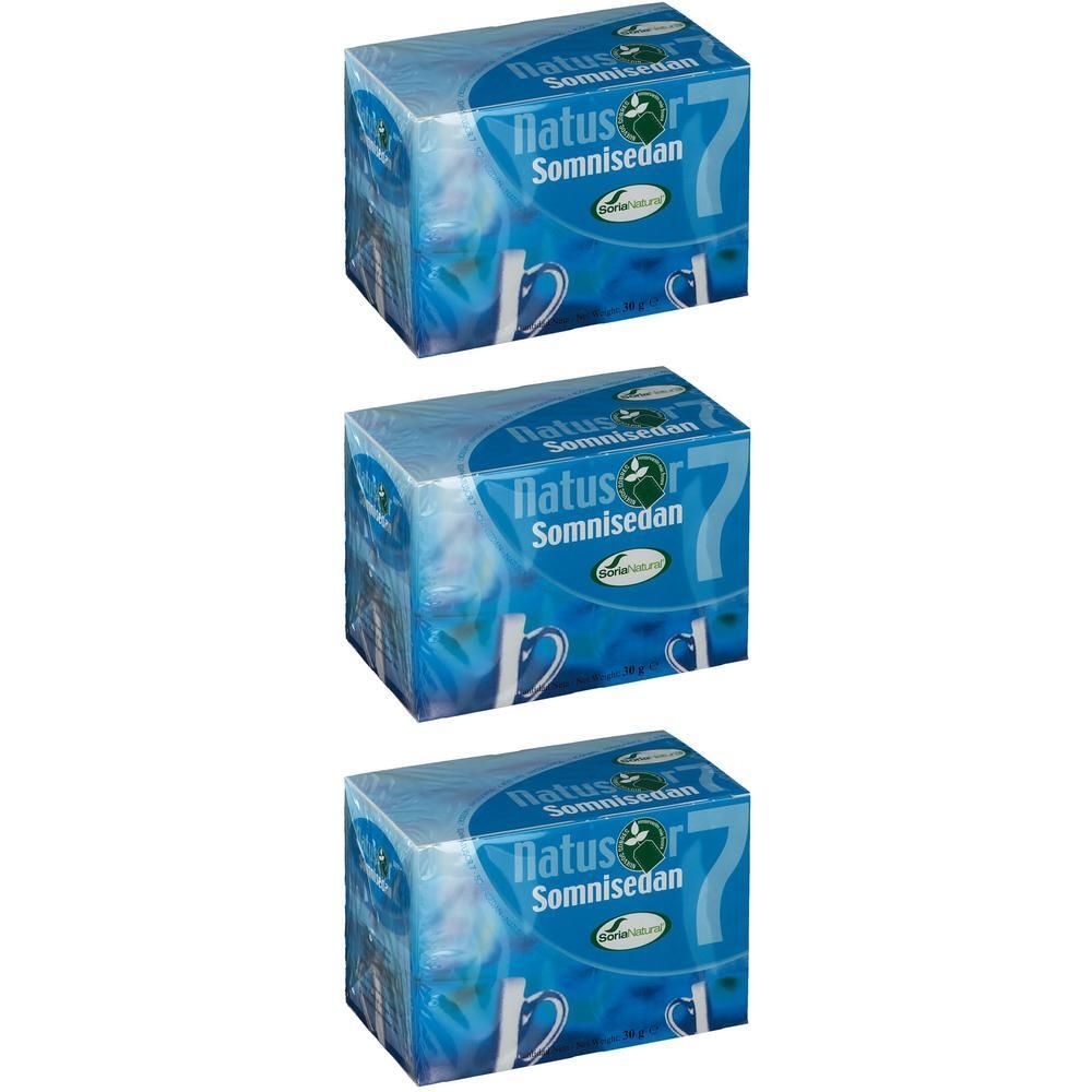 Trois boîtes de tisane Soria Natural Natusor 7 Somnisedan, design bleu avec illustration de tasses.