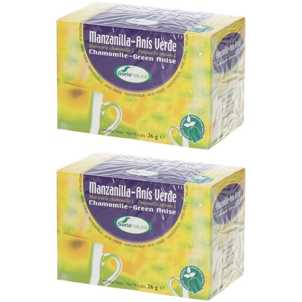 Deux boîtes de tisane Soria Natural Camomille-Anis. Poids net 26g par boîte.
