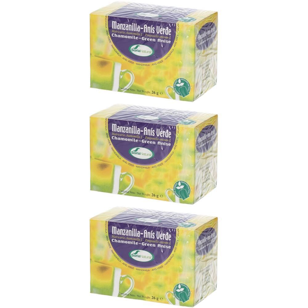 Drie pakken kruidenthee met kamille en anijs. Gele verpakking met groene accenten.