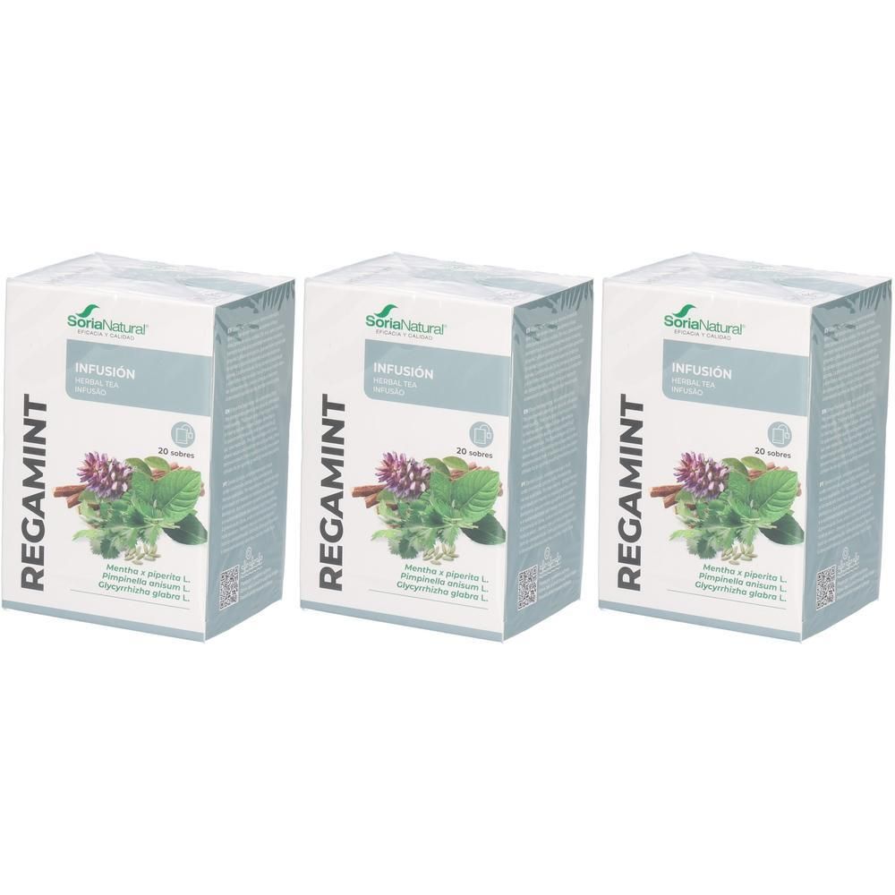 Drie pakken Soria Natural Regamint kruidenthee met munt en anijs.