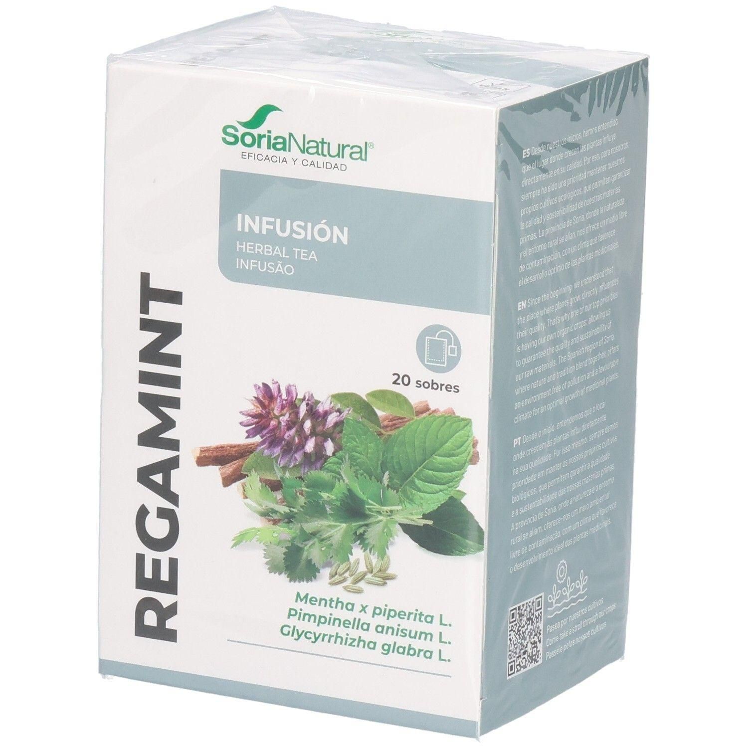 Boîte de thé Soria Natural Regamint, 20 sachets. Contient menthe, anis et réglisse.