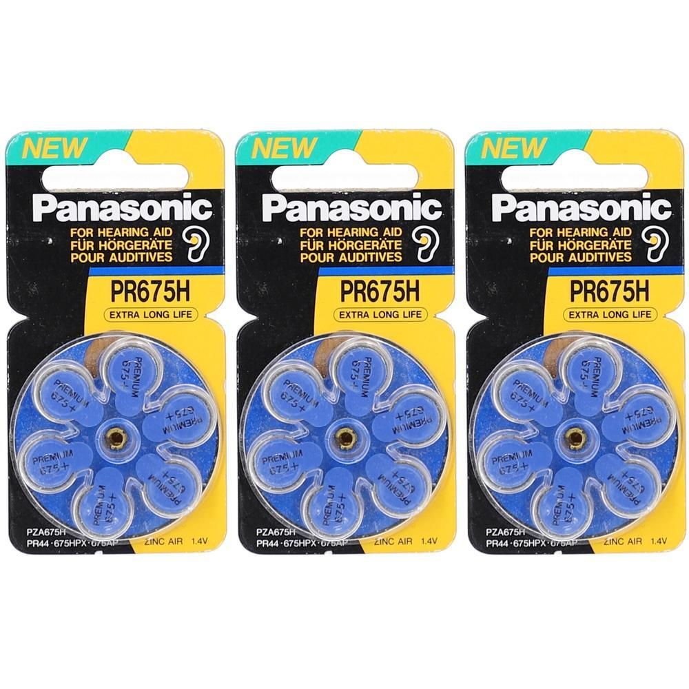 Drie pakken Panasonic PR675H gehoorapparaatbatterijen, extra lange levensduur, zink-lucht, 1,4V.