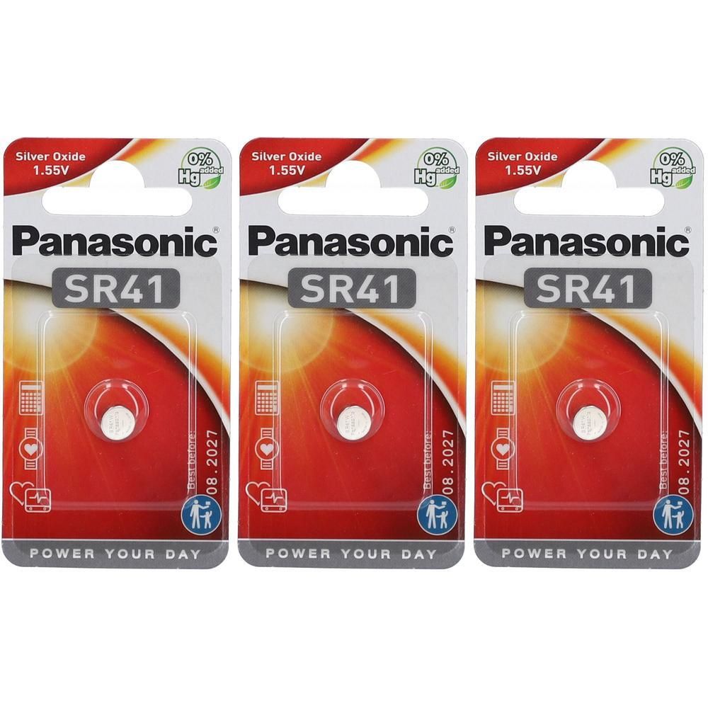Drie Panasonic SR41 zilveroxide batterijen (1,55V) in blisterverpakking. 0% kwik.