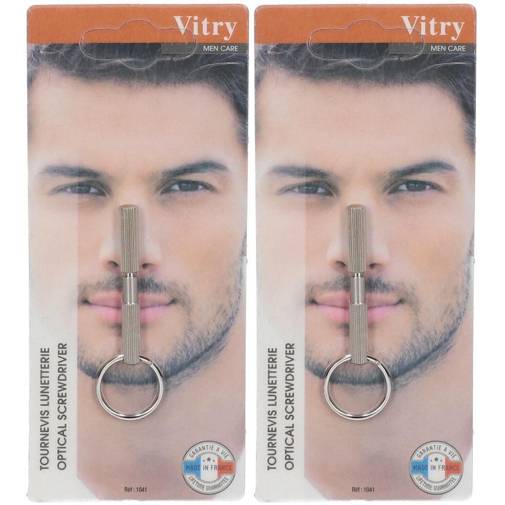 Deux tournevis pour lunettes Vitry sous blister. Couleur argent, avec anneau.
