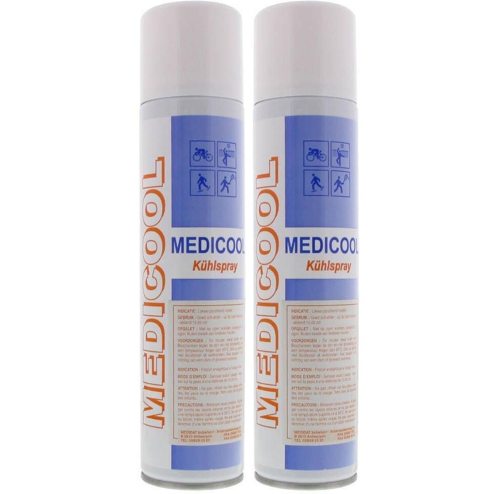 Deux bombes de spray rafraîchissant Medicool avec étiquettes bleues et blanches montrant des pictogrammes de sportifs.