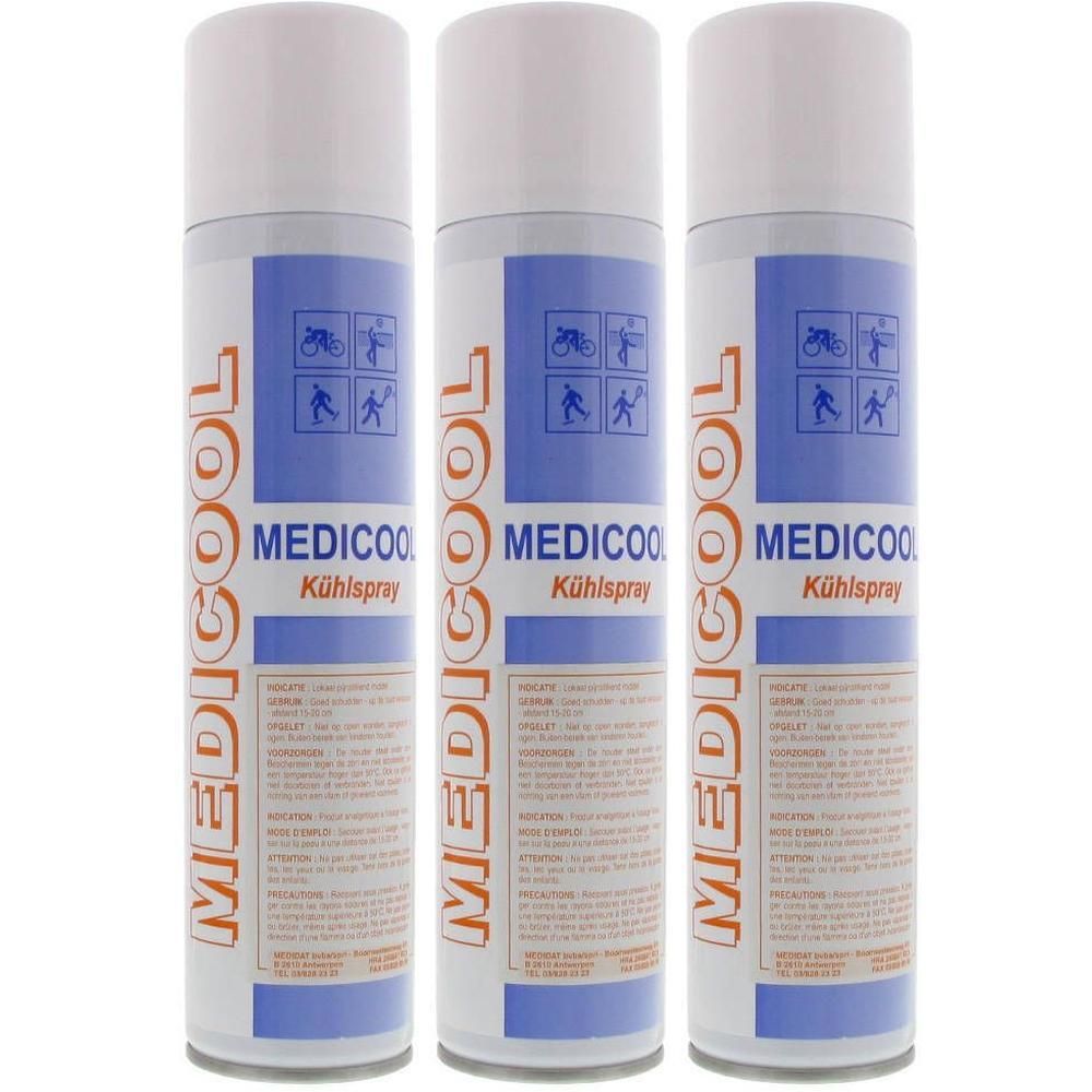 Trois bombes de spray froid Medicool avec étiquettes bleues et blanches montrant des athlètes.