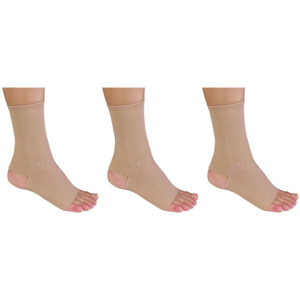 Drie huidkleurige enkelbandages met open teen.