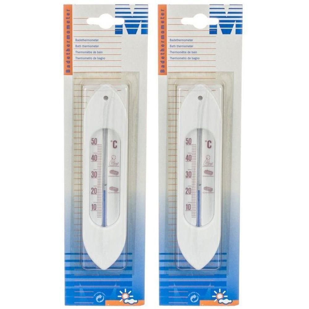 Twee witte bootvormige badthermometers met schaal van 10-50°C en blauwe vloeistofkolom.