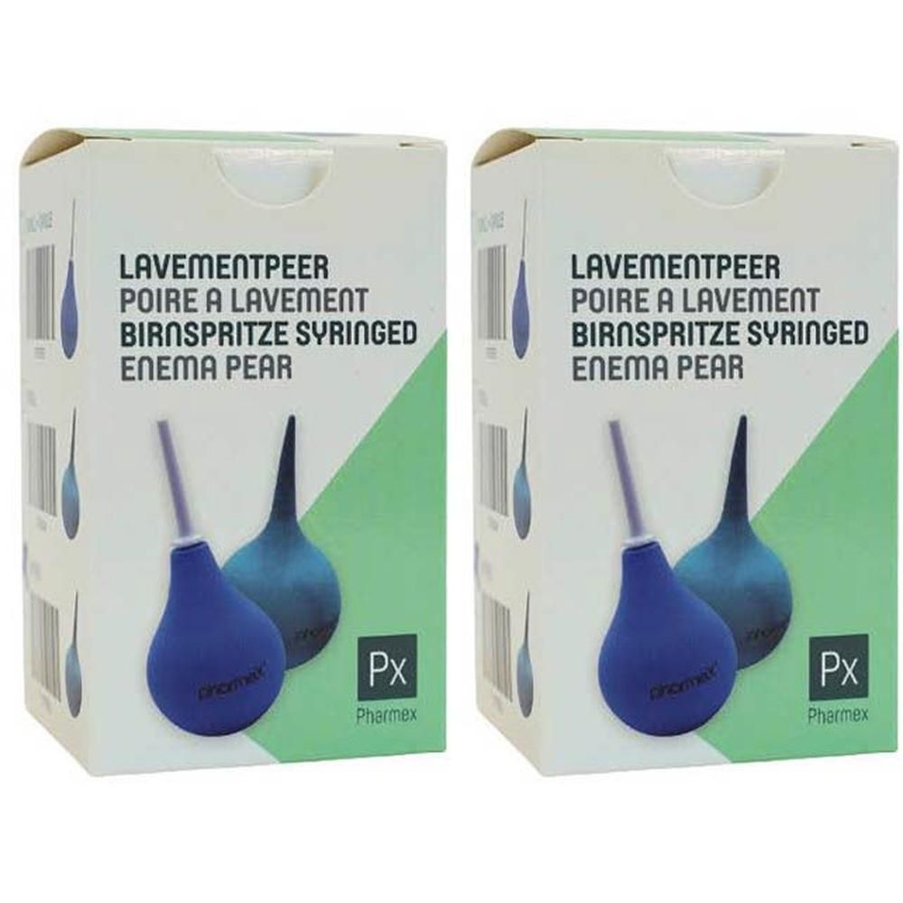 Twee verpakkingen van een blauwe klysma peer met een smalle applicator. Pharmex logo zichtbaar.