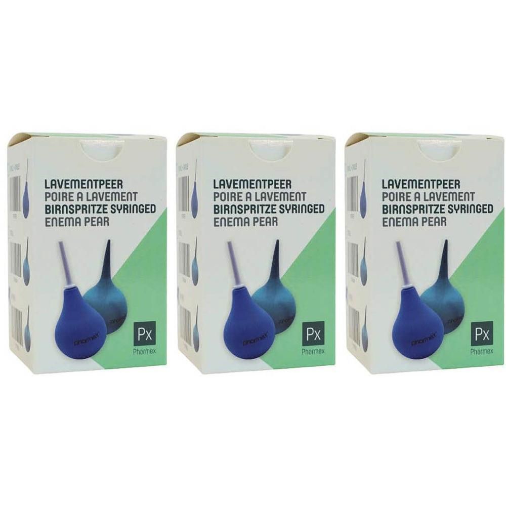 Drie verpakkingen lavementpeertjes. Blauwe rubberen peertjes met smalle tuiten en kartonnen verpakking.