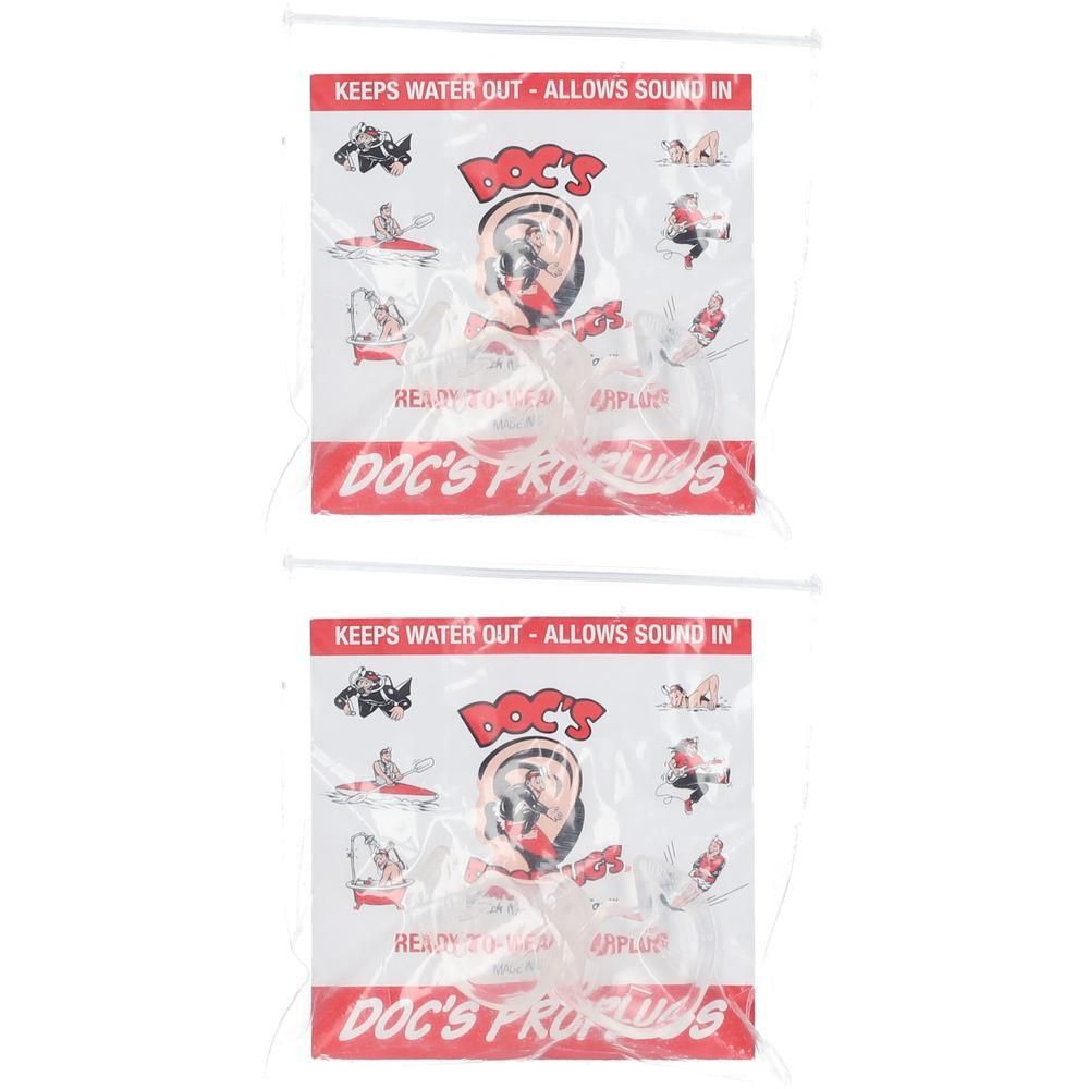 Deux paquets de bouchons d'oreilles Doc's Proplugs. Chaque paquet montre une image d'oreille humaine et divers sports nautiques.