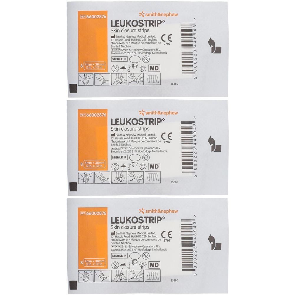 Drie Leukostrip huidsluitstrips, steriel, 4mm x 38mm. Smith & Nephew.